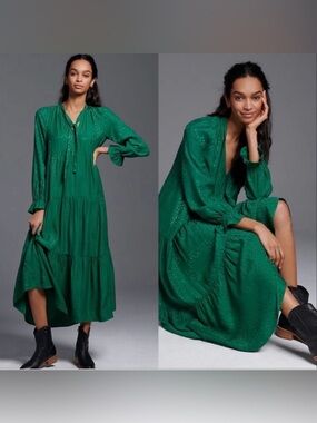 Anthropologie Maeve Wendy Tiered Maxi Dress Green Size Large